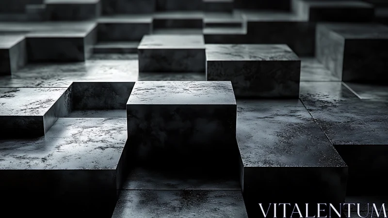 Tiered metallic cubes with rough reflective surfaces in grayscale