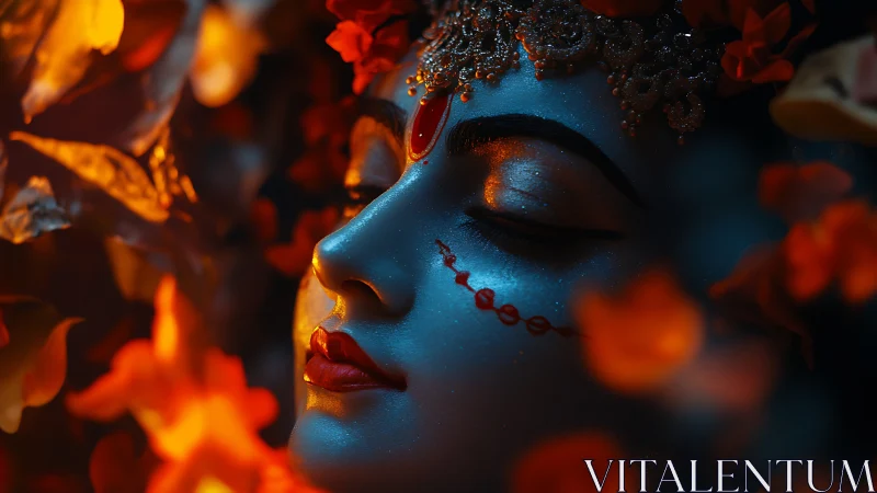 Divine blue portrait in ember bokeh with jeweled headpiece.