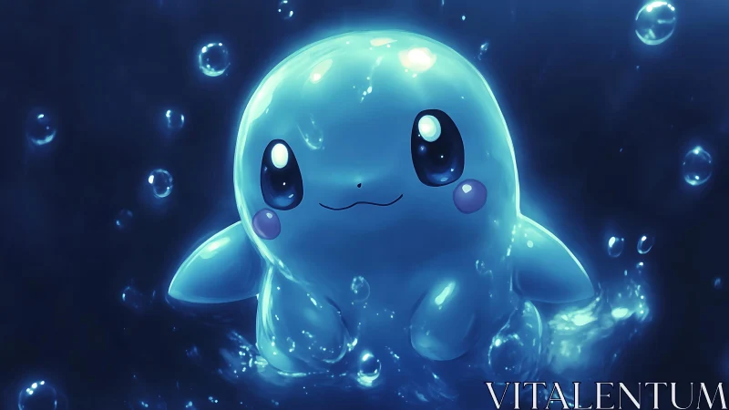 Glowing blue water creature in luminous splash vignette.