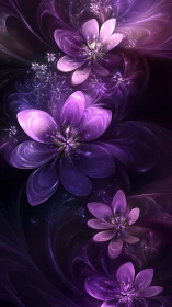 Iridescent violet fractal blossoms in swirling nebula field.