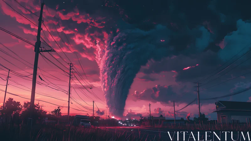 Stormlit tornado rolls over a quiet town at neon dusk