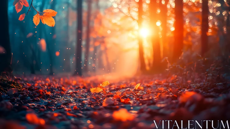Sunlit autumn forest path glows in warm orange haze.