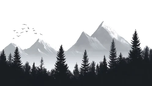 Monochrome pines stand before misty alpine peaks in silence.