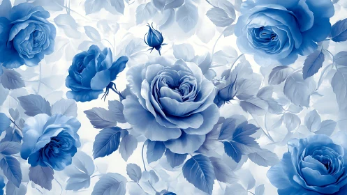Blue and white roses with leaves in soft gradient composition