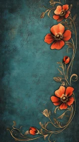 Red poppy floral border on textured teal background.