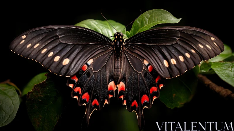 Black swallowtail butterfly on leaf with vivid red spots.