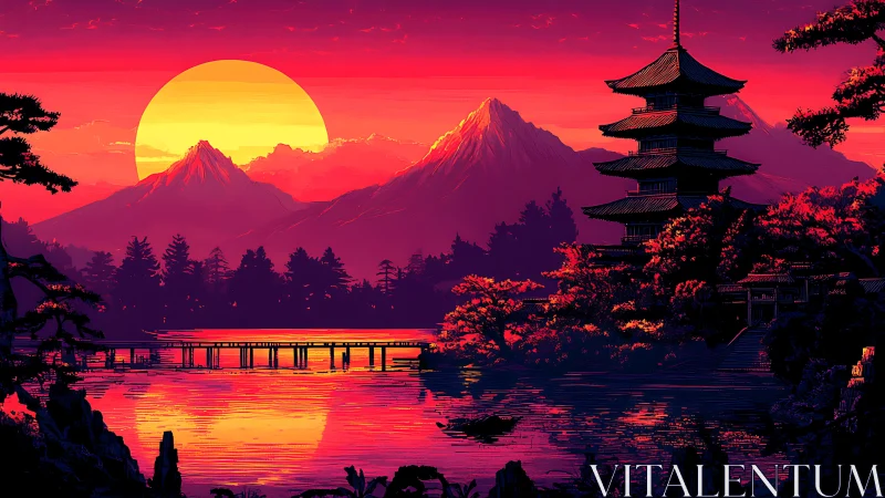 Sunset illuminates pagoda, bridge, lake and distant mountains