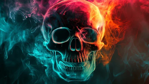 Bicolor neon skull rendered in swirling volumetric smoke field