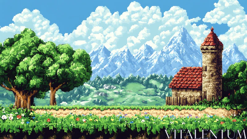 Pixel winds stroll past a lonely tower in bright bloom