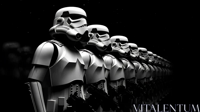 Monochrome stormtrooper formation rendered in dramatic 3D lighting