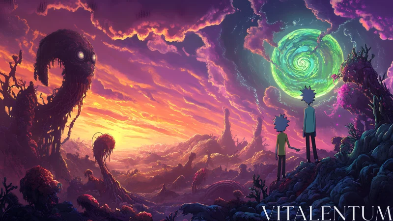 Two travelers gaze toward a glowing portal in alien skies