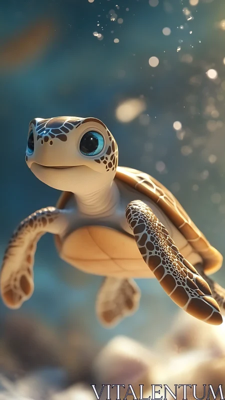 Digital painting of stylized baby sea turtle in soft bokeh seascape.