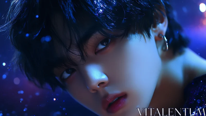 Neon-lit close-up portrait in deep blue cinematic lighting.