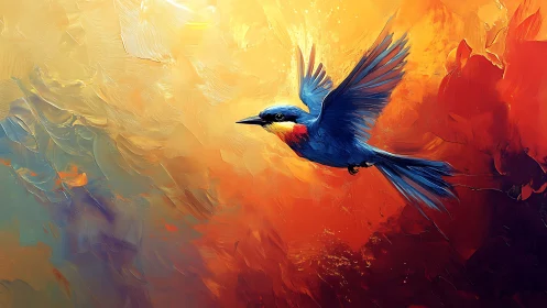 Brilliant blue bird soars gracefully through glowing sunset light