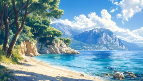 Sunlit Alpine Cove with Mountain Lake and Cypress Trees