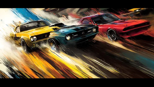 Tri-color muscle car sprint rendered with dynamic motion streaks