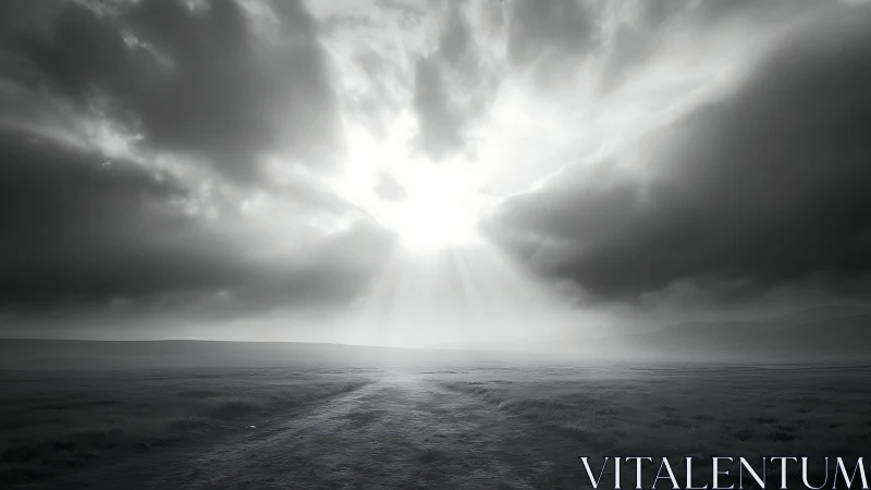 Lonely path stretches beneath dramatic sunlit storm clouds