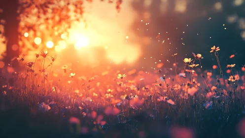 Soft sunset meadow where tiny wildflowers catch the light.