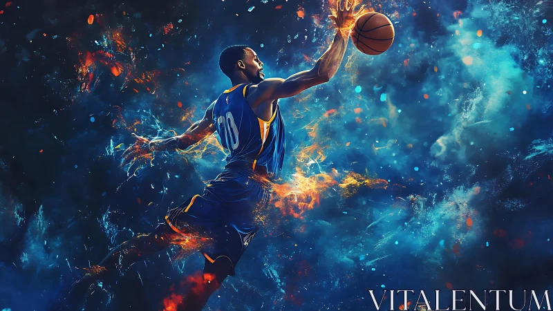Explosive motion study of airborne basketball dunk in fiery nebula field