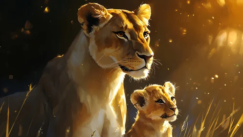 Lioness and Cub in Golden Savanna Light