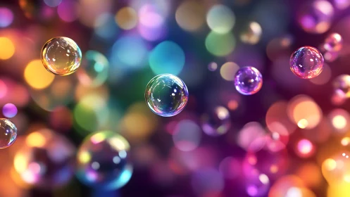 Iridescent soap bubbles drift across luminous bokeh lights.