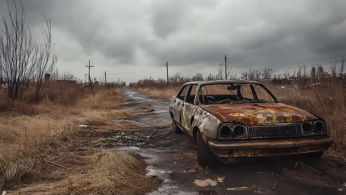 Rusting abandoned car sits on cracked rural roadside.