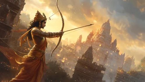 Solar archer draws destiny before blazing celestial temples.