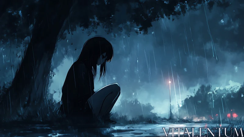 Silhouetted figure sits by a tree during nighttime rainfall