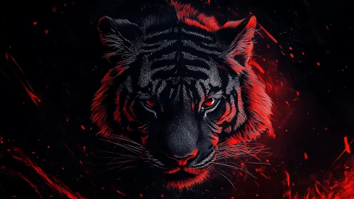 High-contrast neon red tiger portrait on black negative space