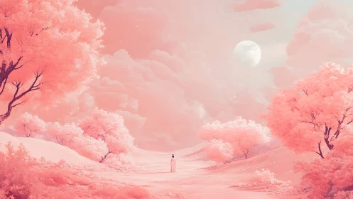 Pastel dreamscape with lone figure under distant moon.
