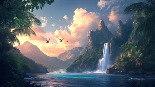 Tropical coastal landscape with waterfall and distant mountains.