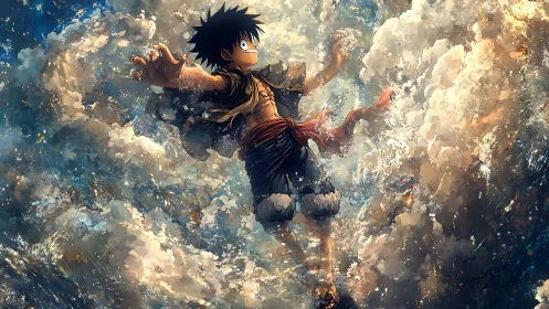 Anime boy suspended in dynamic swirling cloud explosion