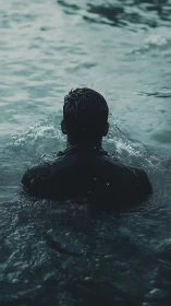 Rear view shows single swimmer partially submerged in water
