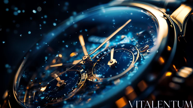Luxury chronograph watch glows amid shimmering blue light