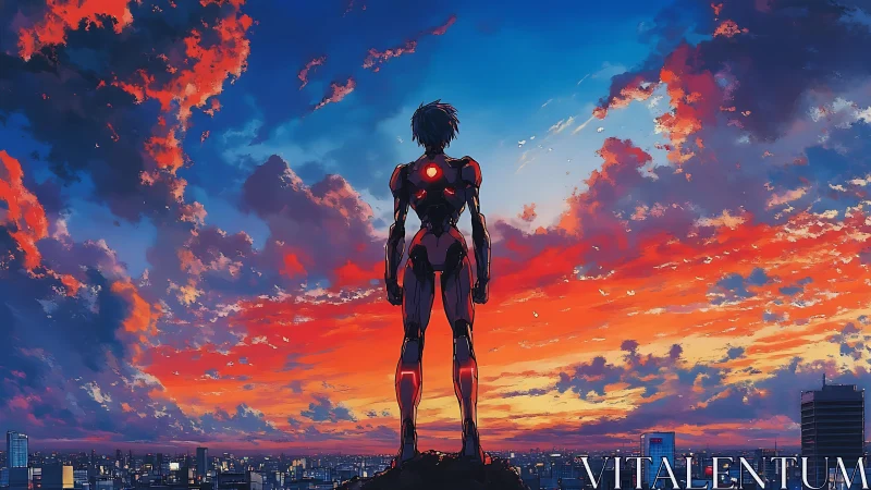 Cyborg figure overlooking dense city at vivid sunset sky.