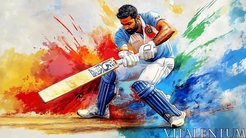 Cricket batsman drives ball through explosive color streaks.