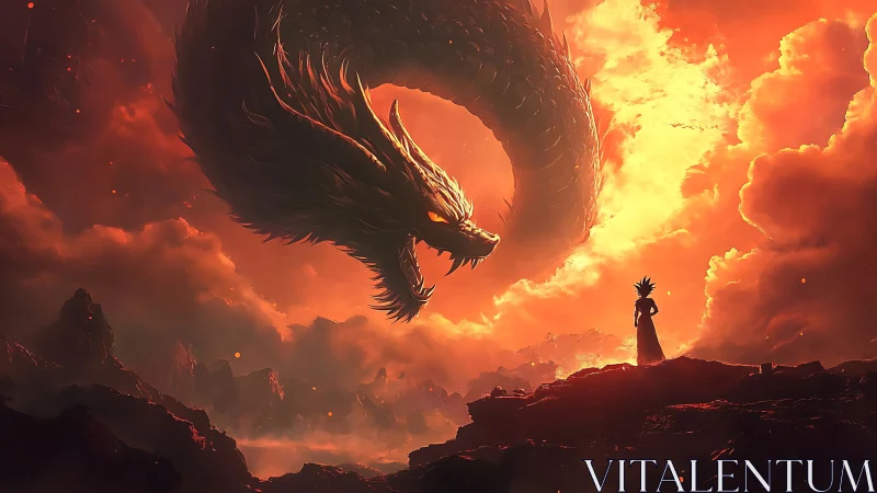 Warrior confronts colossal fire dragon over volcanic valley