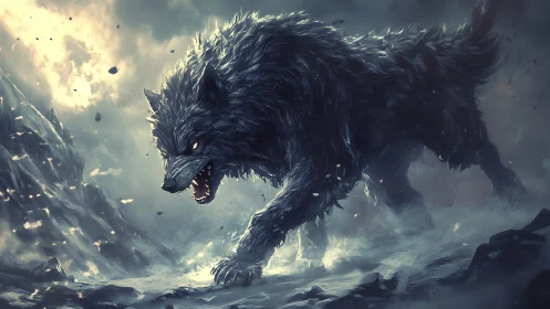 Storm-forged direwolf lunges through blizzard-torn abyss.