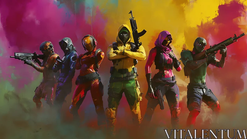 Colorful futuristic squad of armed soldiers in formation.