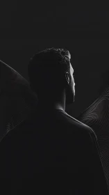 Backlit male silhouette with abstract wave contours in darkness