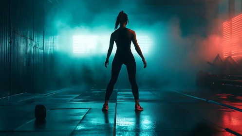 Athlete silhouette dominates neon fog-filled training arena.