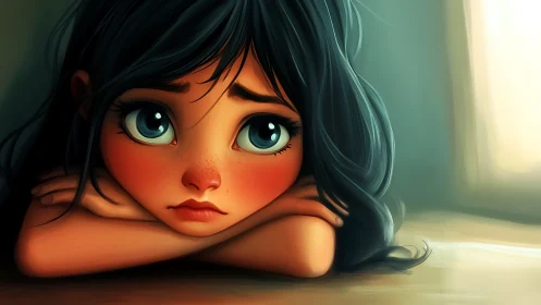 Digital painting of wistful girl with oversized expressive eyes.