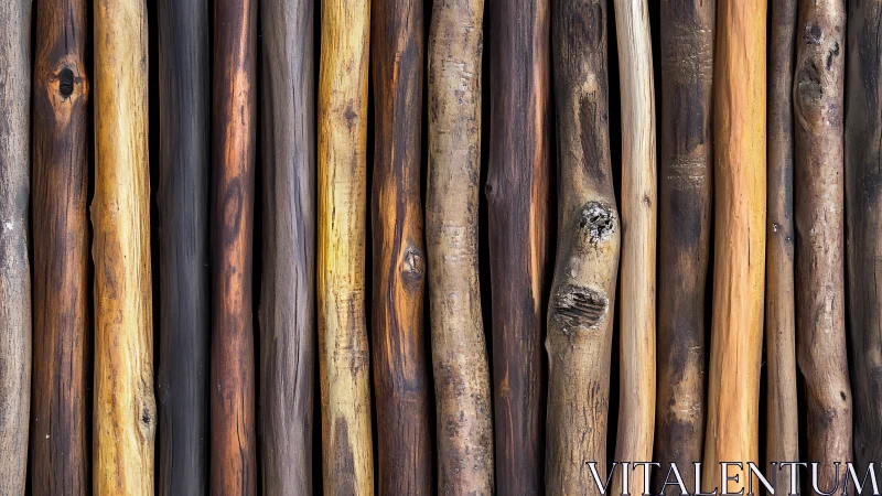 Rustic wooden sticks arranged vertically in natural, earthy style.