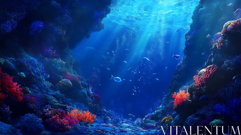 Submerged rocky reef corridor with fish and coral formations.