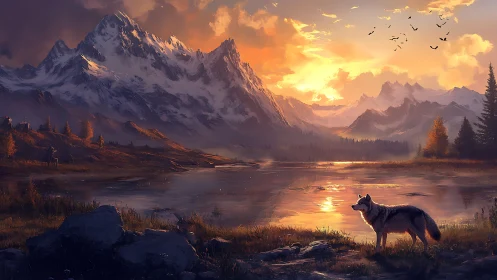 Golden sunset welcomes a lone wolf by mirrored mountains
