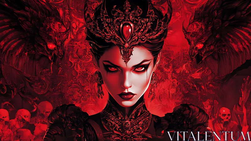 Demonic queen stares forward in red monochrome portrait