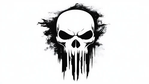 Dripping black skull symbol emerges from abstract ink field