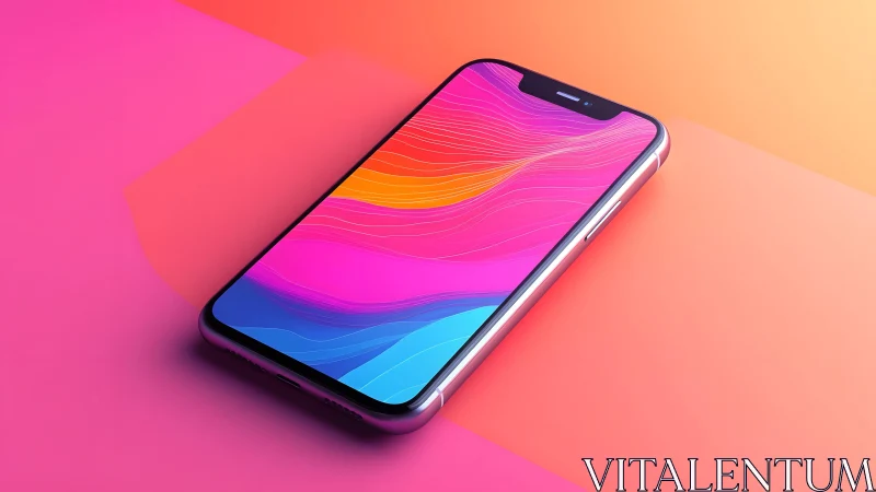 Modern smartphone with vibrant abstract wallpaper on gradient background.
