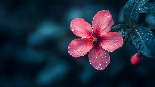 Pink Hibiscus Bloom with Aqueous Droplets Against Teal.
