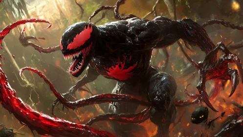 Crimson symbiote beast charging through a burning jungle.